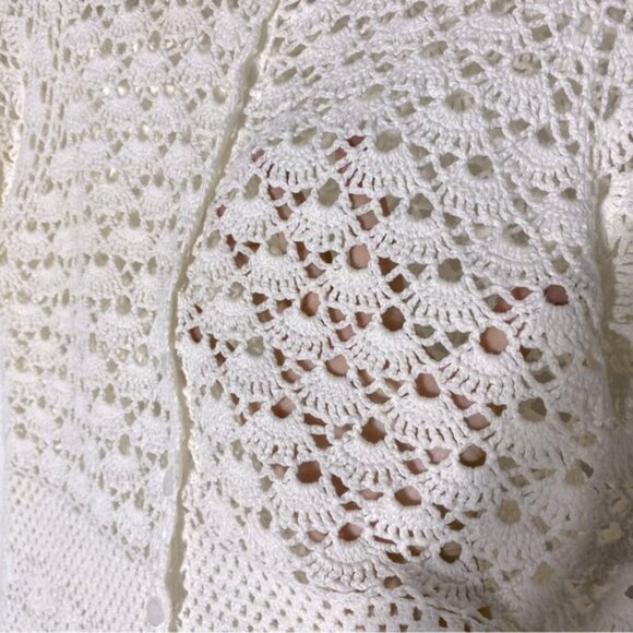 Vintage Cream Crochet Lace Knit Button Front Short Sleeve Cardigan M - Picture 6 of 12